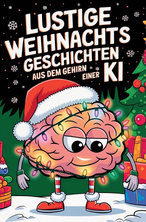 Text: "Lustige Weihnachtsgeschichten aus dem Gehirn einer KI." Eine Illustration mit einem Gehirn in Weihnachtskleidung.
