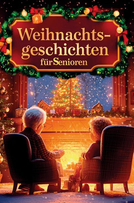 "Weihnachtsgeschichten für Senioren" auf einem rot-goldenen Schild. Zwei Senioren sitzen vor einem Kamin, der Raum ist weihnachtlich geschmückt.