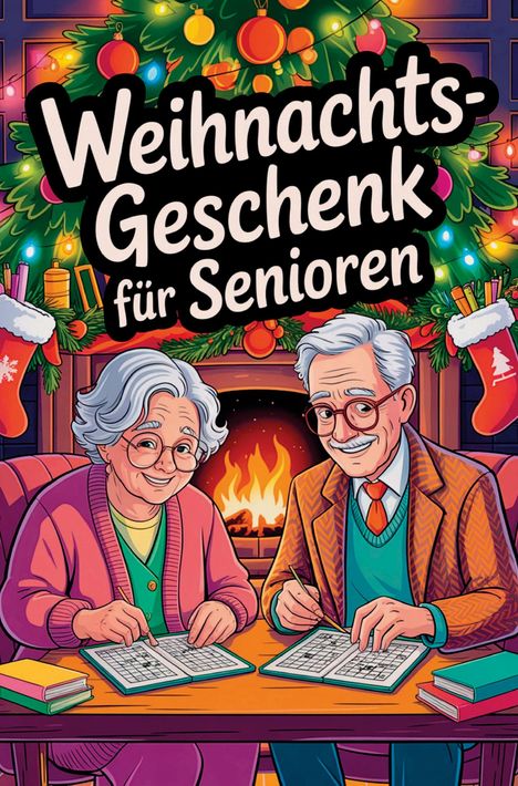 "Weihnachts-Geschenk für Senioren" steht über einem festlichen Weihnachtsbaum. Zwei Senioren lösen Kreuzworträtsel.