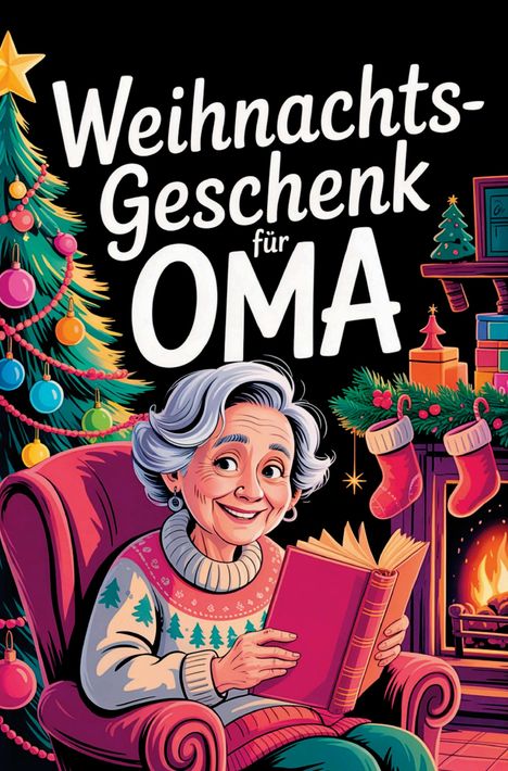 "Weihnachtsgeschenk für Oma" mit einer lächelnden älteren Dame in einem Sessel, Buch in Hand, Kaminfeuer und Tannenbaum.