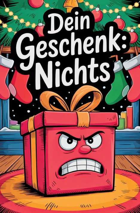 Text: "Dein Geschenk: Nichts". Illustration: Wütendes rotes Geschenk mit Gesicht, umgeben von Weihnachtssocken und Lichtern.