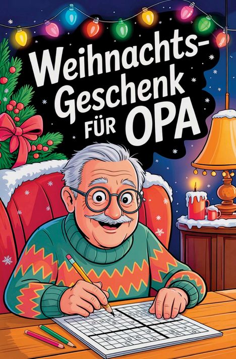 "Weihnachts-Geschenk für Opa" mit einem lächelnden älteren Mann, der ein Puzzle löst, umgeben von Lichterketten und Dekoration.
