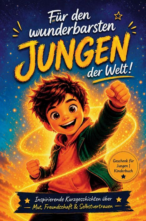 "Für den wunderbarsten Jungen der Welt!" Ein fröhlicher Junge streckt triumphierend die Faust. Kinderbuchstil.
