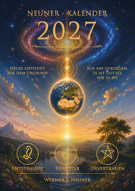 "Neuner-Kalender 2027. Neues entsteht aus dem Urgrund. Ich bin geborgen. Es ist gut so, wie es ist." Globus im Universum.