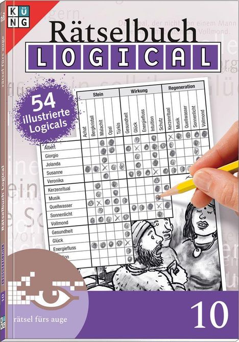 Rätselbuch Logical, 54 illustrierte Logicals. Rätsel fürs Auge. Tabelle mit Namen und Eigenschaften, Zeichnung von Menschen.