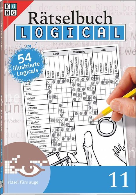 Aufschrift: "Rätselbuch Logical". Ein Textfeld beschreibt "54 illustrierte Logicals". Eine Hand hält einen gelben Bleistift.