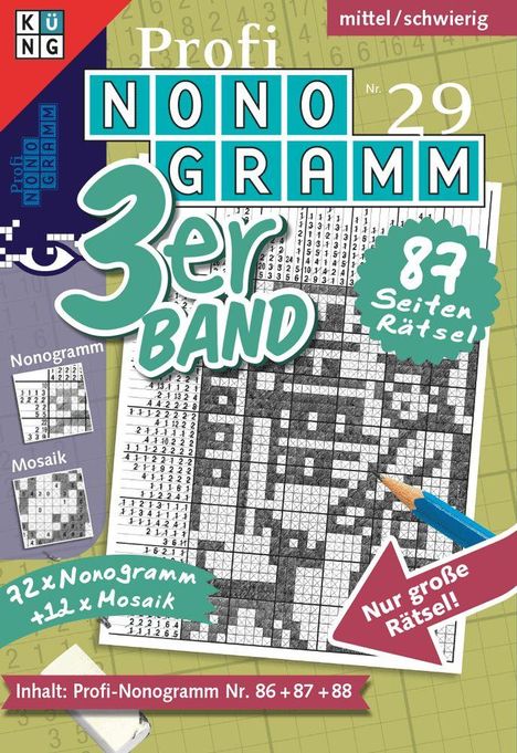 Profi Nonogramm 3er Band Nr. 29, mittel/schwierig, 87 Seiten Rätsel. 72x Nonogramm + 12x Mosaik, nur große Rätsel.