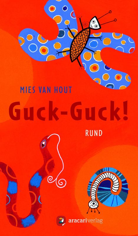 "MIES VAN HOUT, Guck-Guck!, RUND. Ein buntes Design mit einem Schmetterling, einer Schlange und einer Schnecke."