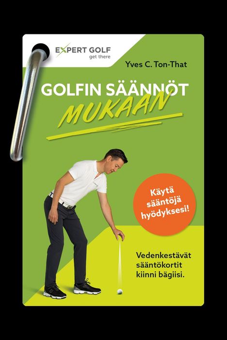 Text: "Expert Golf. Golfin säännöt mukaan." Illustration eines Golfspielers, gebückt über einen Golfball.