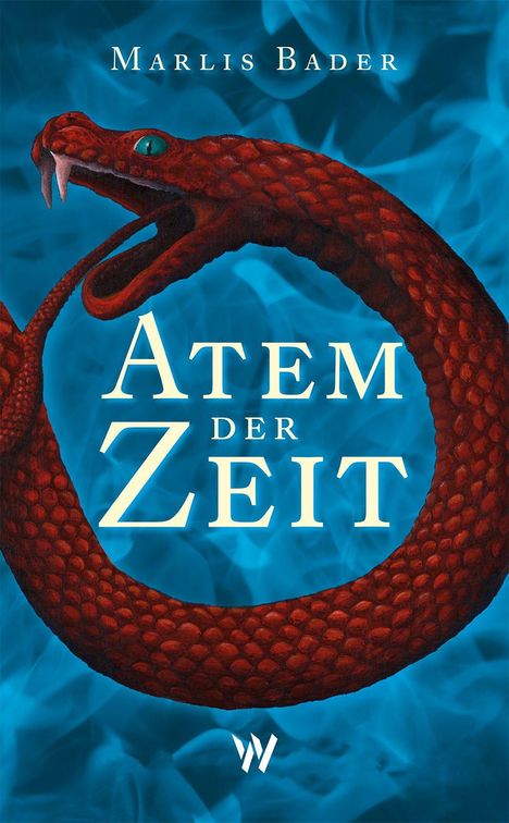 „Atem der Zeit“, Marlis Bader. Eine rote Schlange beißt sich in den Schwanz vor blauem Hintergrund.