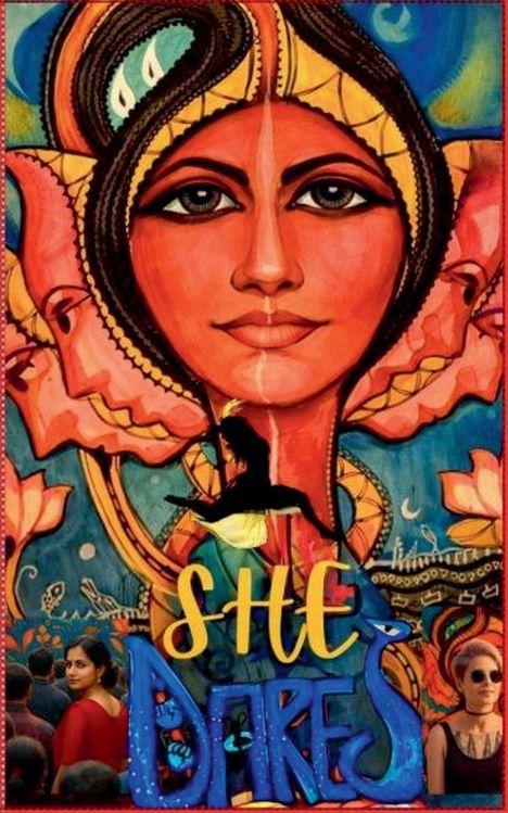 Text: "SHE DARES". 

Illustration einer Frau mit intensiven Augen vor buntem, symbolischem Hintergrund.