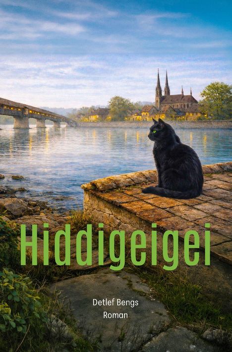 Titel: "Hiddigeigei", Autor: Detlef Bengs, Roman. Eine schwarze Katze sitzt am Fluss vor einer alten Stadtansicht in einer Illustration.
