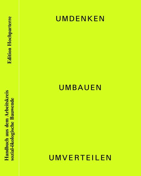 Texte: UMDENKEN, UMBAUEN, UMVERTEILEN. Links: Edition Hochparterre. Neongelber Hintergrund.