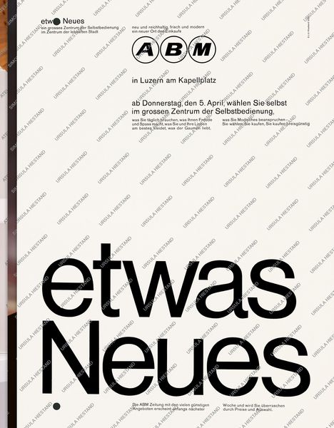 Texte: "etwas Neues", "ab Donnerstag, den 5. April", "in Luzern am Kapellplatz". Enthält ein Logo mit den Buchstaben "ABM".