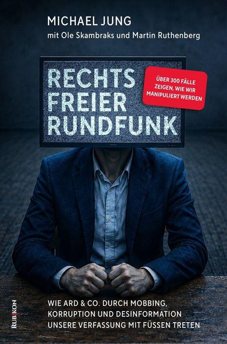 Texte: Michael Jung, RECHTS FREIER RUNDFUNK, über 300 Fälle zeigen, wie wir manipuliert werden. Person mit Bildschirmkopf.