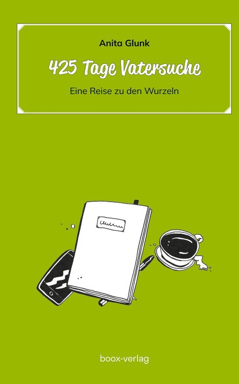Titel "425 Tage Vatersuchem". Grüne Illustration mit Notizbuch, Telefon, Stift und Kaffeetasse.
