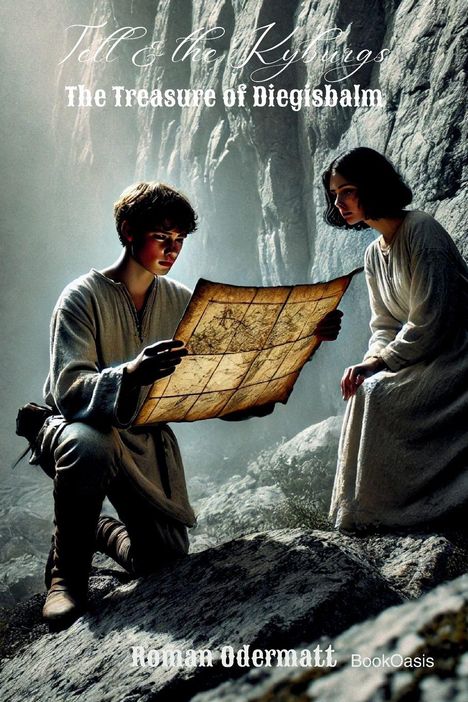 "Tell & the Kyburgs. The Treasure of Diegisbalm. Roman Odermatt." Zwei Personen in Höhle, betrachten alte Karte.