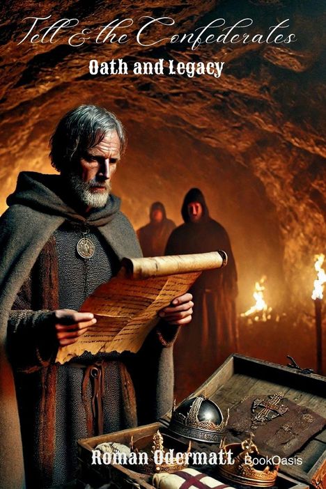 „Tell & the Confederates: Oath and Legacy“, Roman Odermatt, zeigt einen Mann in einer Höhle, liest Pergament.