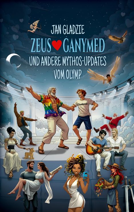 Illustration: Menschen in moderner und antiker Kleidung auf dem Olymp. Ein Herzsymbol verbindet "Zeus" und "Ganymed".