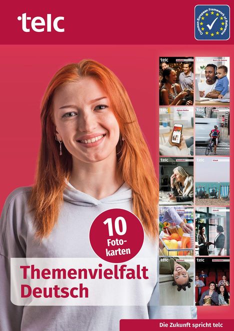 Text: "10 Fotokarten, Themenvielfalt Deutsch". Eine Person mit roten Haaren lächelt. Nebenbilder zeigen Alltagsszenen. Logo oben links.