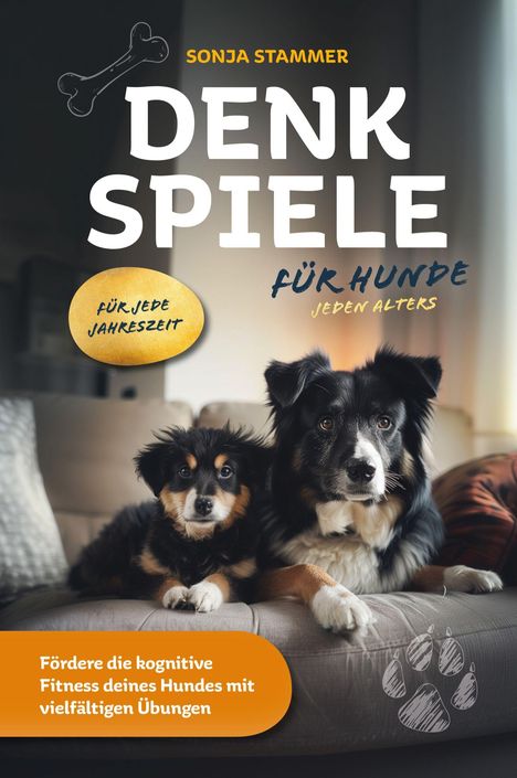 „DENKSPIELE FÜR HUNDE“ von Sonja Stammer. Zwei Hunde liegen auf einem Sofa.