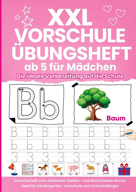 Text: "XXL Vorschule Übungsheft ab 5 für Mädchen. Die ideale Vorbereitung auf die Schule." Illustration eines Baums.