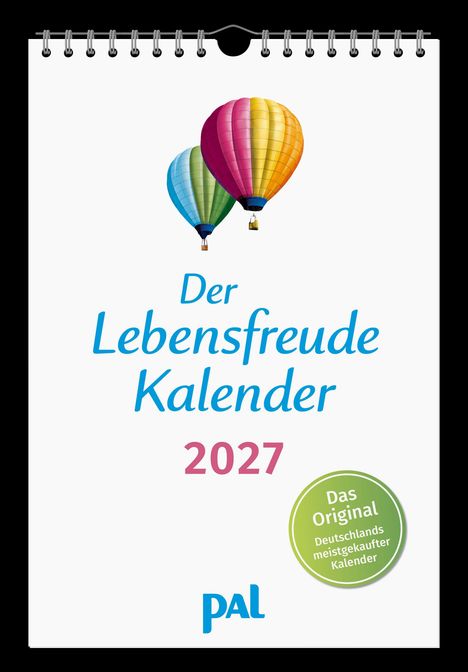 „Der Lebensfreude Kalender 2027“ in blauer und pinker Schrift. Zwei bunte Heißluftballons. Logo: „pal“.