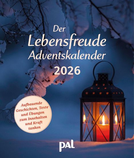 "Der Lebensfreude Adventskalender 2026" in weißer Schrift über einer verschneiten, winterlichen Szene mit einer Laterne.