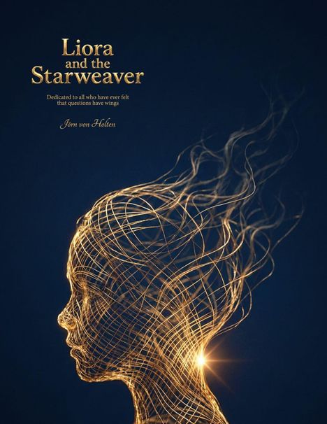 Titel: "Liora and the Starweaver". Gewidmet denjenigen, die spüren, dass Fragen Flügel haben. Autor: Jörn von Holten. Ein goldener Drahtumriss eines Gesichts auf blauem Hintergrund.