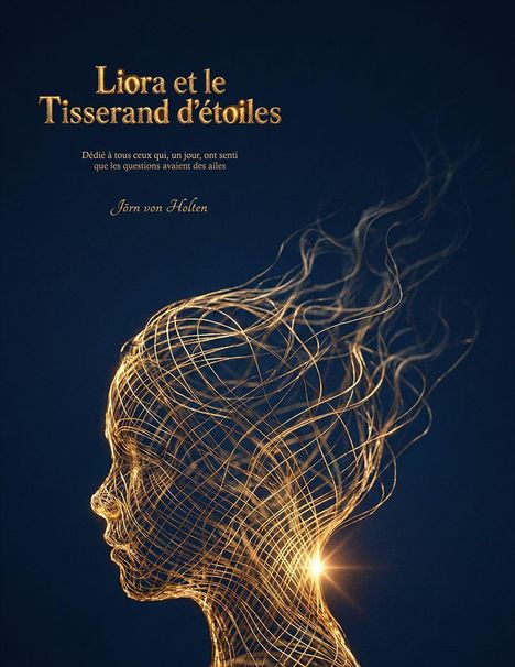 „Liora et le Tisserand d'étoiles“. Goldene, abstrakte Silhouette eines Gesichts aus leuchtenden Linien auf dunklem Hintergrund.