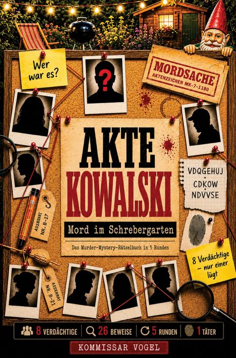 Ein Brett mit Fotos und Notizen: "Wer war es?", "Mord im Schrebergarten". Ein Gartenzwerg schaut hervor.