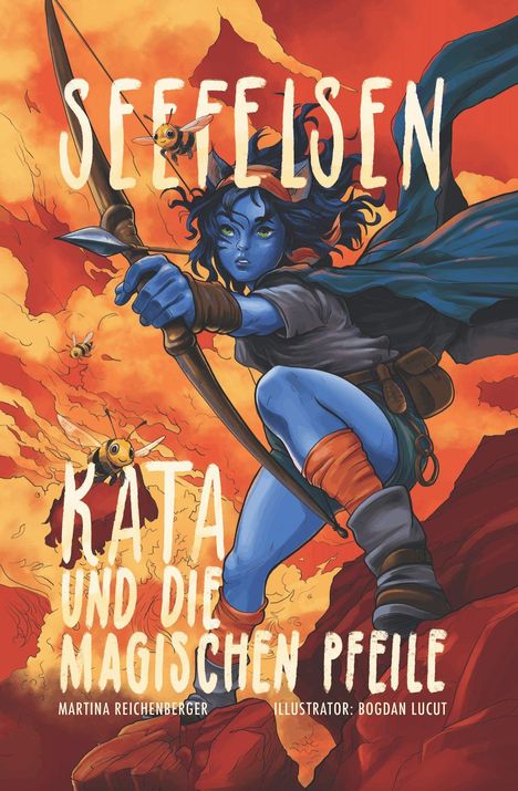 "Seefelsen" oben, "Kata und die magischen Pfeile" unten. Illustration: Blaue Figur mit Bogen, Bienen im Hintergrund.