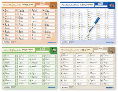 "Meine Blitzlesekarte", "Lautgetreue Wörter 2", "Meine Rechtschreibkarte", "100 häufigsten Fehlerwörter", "Lies!" und mehr.