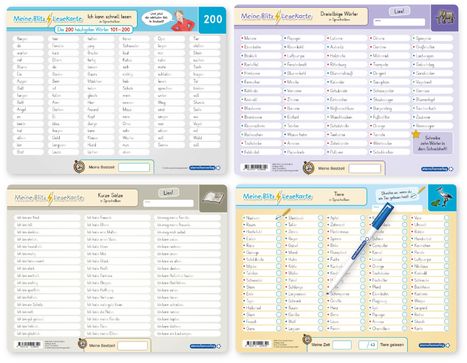"Die 200 häufigsten Wörter 101-200", "Dreisilbige Wörter", "Kurze Sätze", "Tiere in Sprechsilben", mit Listen und Illustrationen.