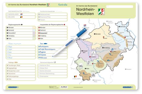 Karte von Nordrhein-Westfalen. Nachbarstaaten, Regierungsbezirke, Flüsse, Seen und Sehenswürdigkeiten sind aufgelistet.