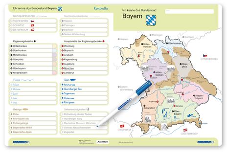 Eine Karte von Bayern mit Nachbarstaaten, Regierungsbezirken, Flüssen und Sehenswürdigkeiten. Enthält bayerisches Logo.