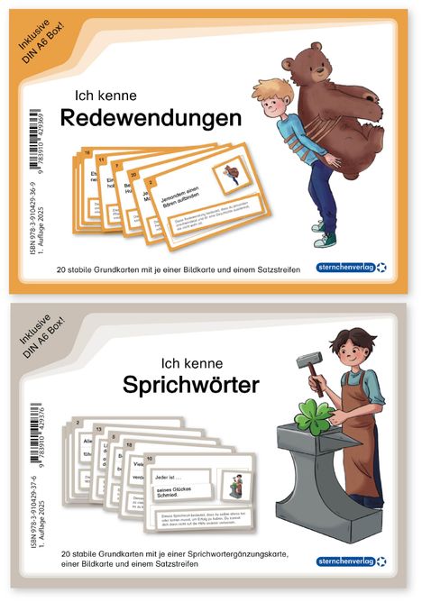 Oben: "Ich kenne Redewendungen", Junge umarmt Bären. Unten: "Ich kenne Sprichwörter", Schmied bearbeitet Klee.