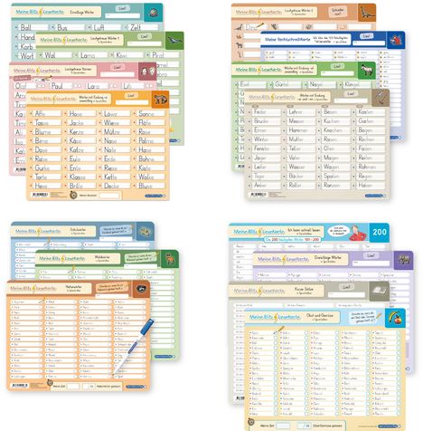 Oben: „Meine Blitzlesekarte“, Wörterlisten, Kategorien wie Tiere und Dinge. Tabellen mit buchstabierten Wörtern.