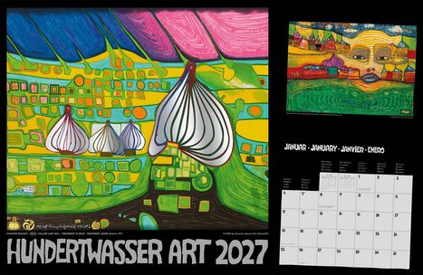 Hundertwasser Art 2027. Kalender mit buntem, abstraktem Gemälde in Gelb, Grün, Blau und Rosa. Januar in vier Sprachen.