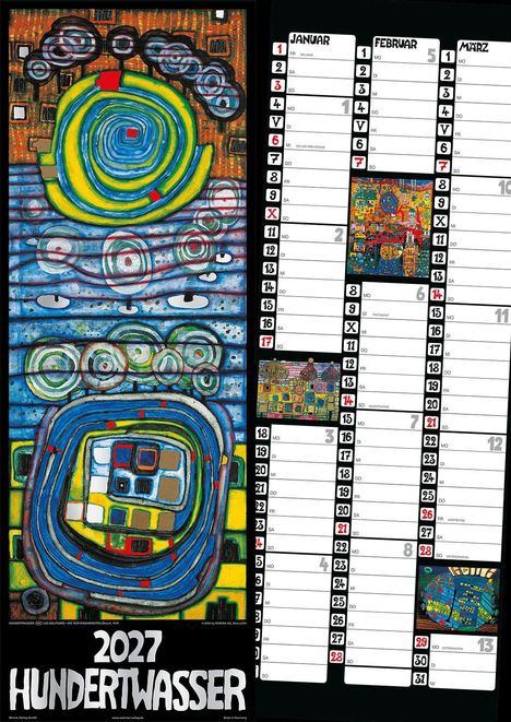 Kalender für 2027 mit Hundertwasser-Gemälde und Monatsübersicht für Januar bis März.