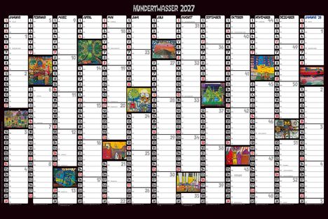 Text: "Hundertwasser 2027". Kalender mit farbenfrohen Illustrationen in jedem Monat. Feiertage und Wochennummern markiert.