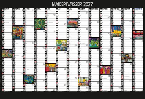 Kalender "Hundertwasser 2027" mit bunten Gemälden und Monatsübersichten in einem Rasterlayout.