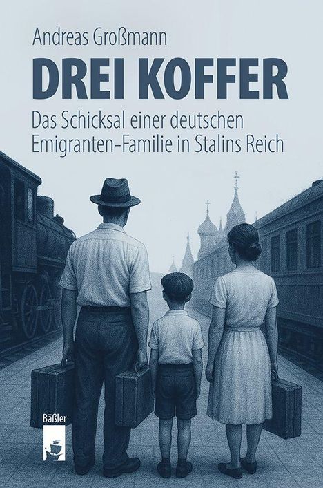 "Drei Koffer: Das Schicksal einer deutschen Emigranten-Familie in Stalins Reich" - Bleistift-Illustration einer Familie am Bahnsteig.
