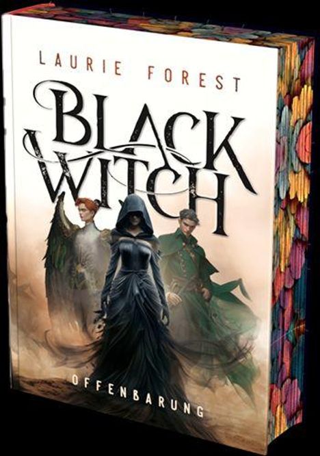 Buchcover: "Laurie Forest", "Black Witch", "Offenbarung". Drei Figuren in mittelalterlicher Kleidung auf einem mystischen Hintergrund.