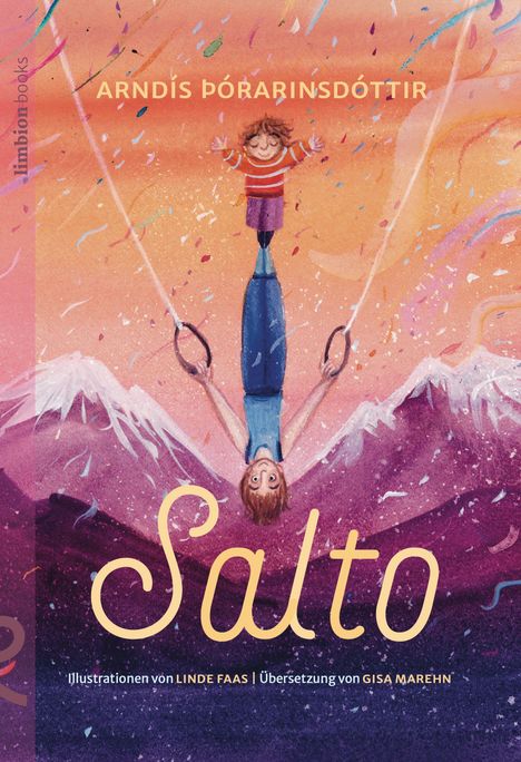 "Salto" ist in großen Buchstaben zu sehen. Ein Kind steht auf den Füßen eines auf dem Kopf stehenden Erwachsenen. Bunte Konfetti fliegen.