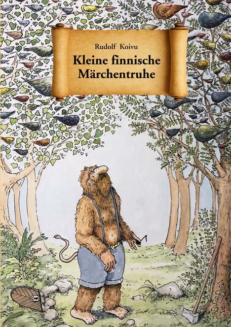 „Rudolf Koivu. Kleine finnische Märchentruhe.“ Illustration eines haarigen Wesens im Wald, viele Vögel auf Bäumen.
