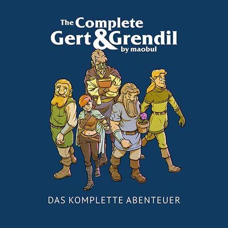 "The Complete Gert & Grendil by maobul", "Das Komplette Abenteuer". Illustration von fünf Fantasy-Charakteren in Abenteurerkleidung.