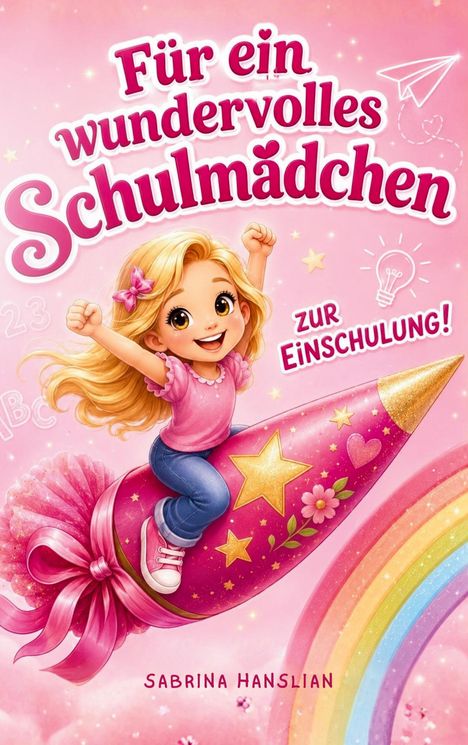 "Für ein wundervolles Schulmädchen zur Einschulung." Illustration: Ein Mädchen auf einer pinken Rakete mit Sternen.