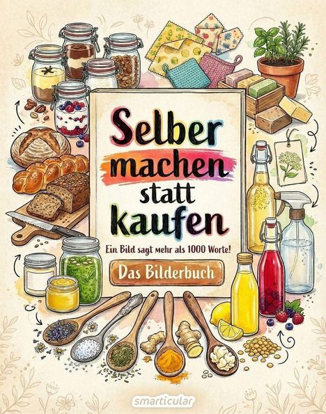 „Selber machen statt kaufen. Ein Bild sagt mehr als 1000 Worte! Das Bilderbuch.“ Illustrationen von Lebensmitteln, Kräutern und handgemachten Produkten.