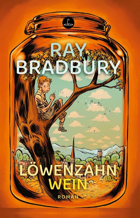 "Ray Bradbury, Löwenzahnwein, Roman" in einem großen Glasbehälter mit Jungen auf einem Baum, Dorf im Hintergrund.